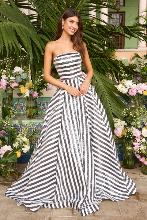 Ava Presley 43010 strapless striped prom ball gown