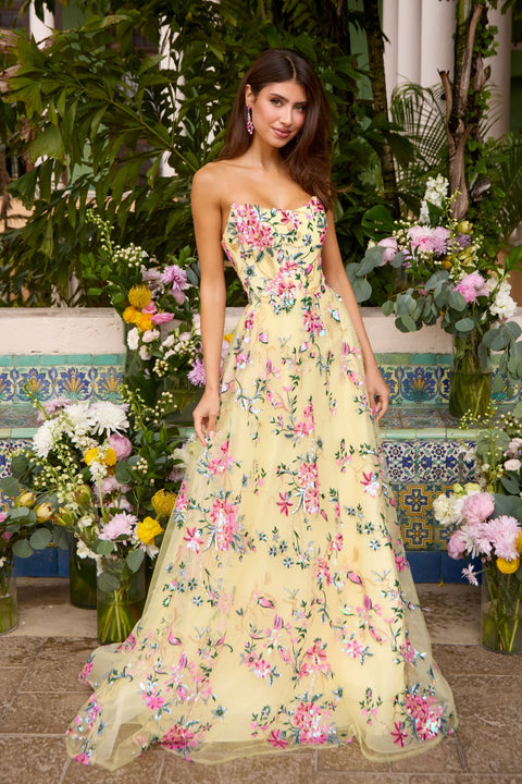 Ava Presley 47391 flowing A-line floral evening gown