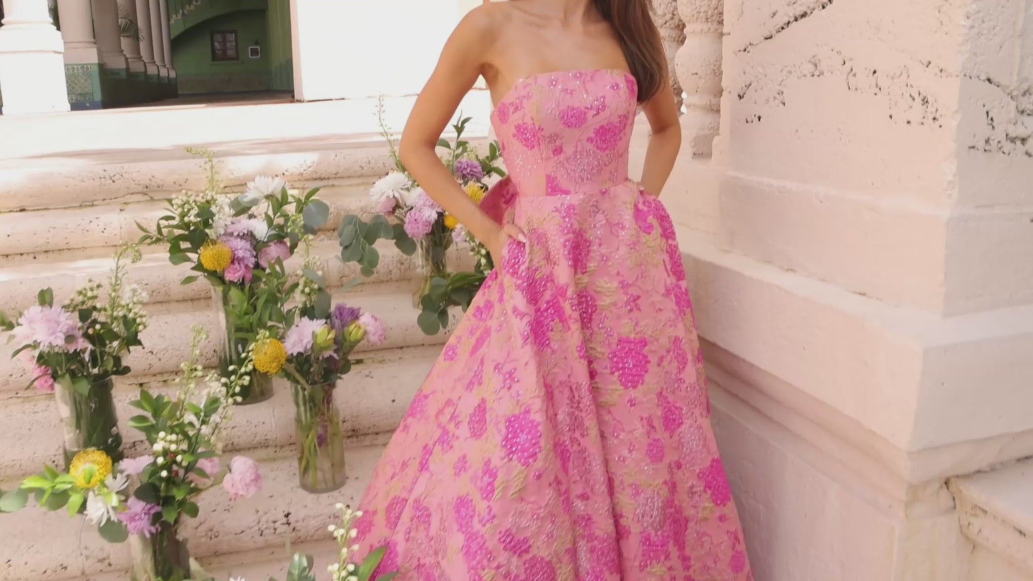 Ava Presley 43082 Strapless Floral Brocade Ball Gown with Dramatic Bow