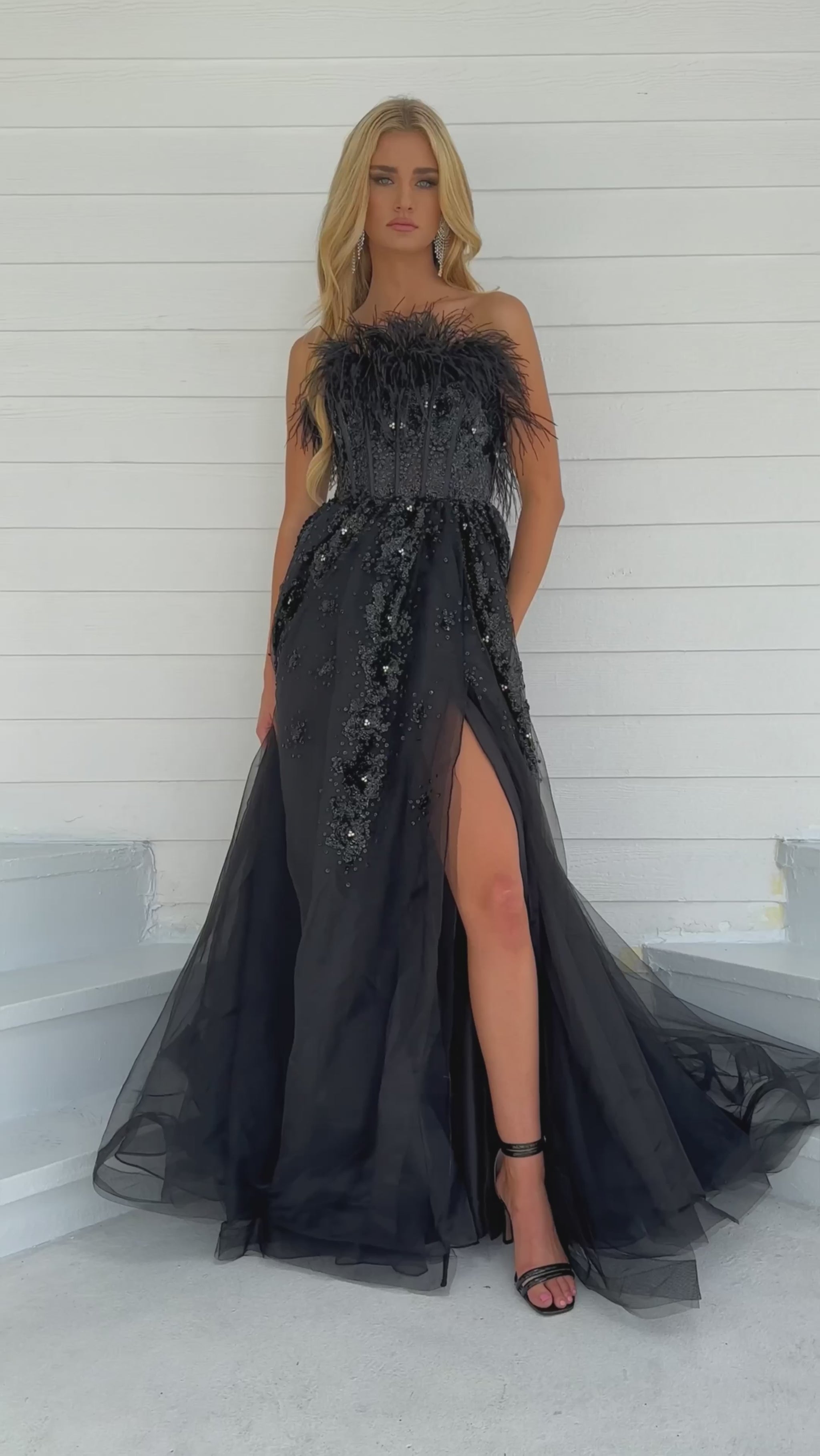 Ava Presley 39232 elegant strapless gown with feather accents